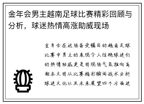 金年会男主越南足球比赛精彩回顾与分析，球迷热情高涨助威现场