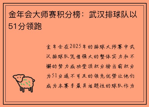 金年会大师赛积分榜：武汉排球队以51分领跑